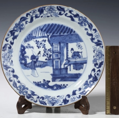 古玩陶瓷清康熙西廂記鶯鶯聽琴圖青花折沿盤拍賣，當前價格4888元