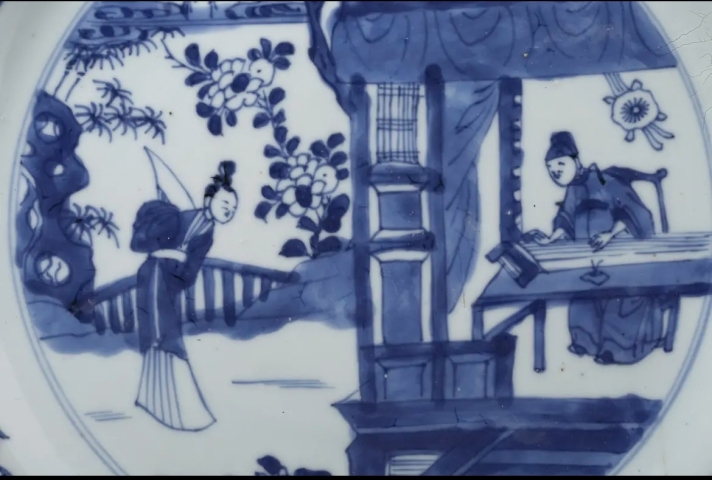 古玩陶瓷清康熙西廂記鶯鶯聽琴圖青花折沿盤拍賣，當前價格4888元