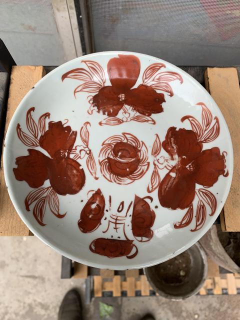 古玩陶瓷清晚.礬紅福壽花卉紋盤拍賣，當(dāng)前價(jià)格1680元