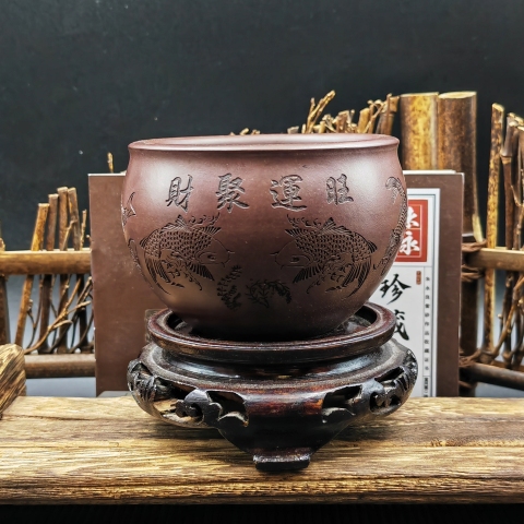 古玩雜項當代?中國(國家級)工藝美術師朱永旺蓮聚財原礦老紫泥紫砂主人杯拍賣,當前價格399元