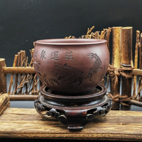 古玩雜項當代?中國(國家級)工藝美術師朱永旺蓮聚財原礦老紫泥紫砂主人杯拍賣,當前價格399元