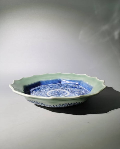 古玩陶瓷清末豆青釉青花盤拍賣，當前價格1150元
