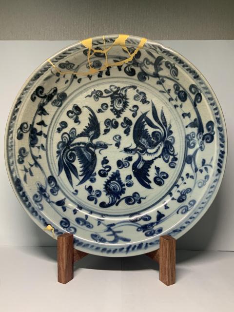 古玩陶瓷明中早期青花鸞鳳和鳴紋折沿盤拍賣，當前價格8765元
