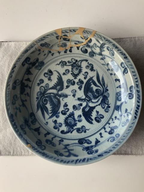 古玩陶瓷明中早期青花鸞鳳和鳴紋折沿盤拍賣，當前價格8765元