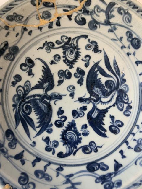古玩陶瓷明中早期青花鸞鳳和鳴紋折沿盤拍賣，當前價格8765元