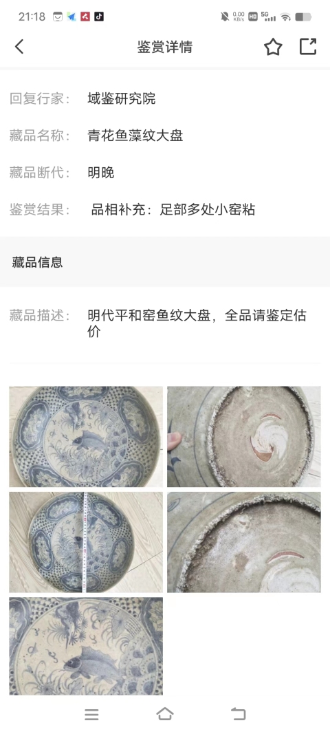 古玩陶瓷明代青花魚藻紋大盤拍賣，當前價格3600元
