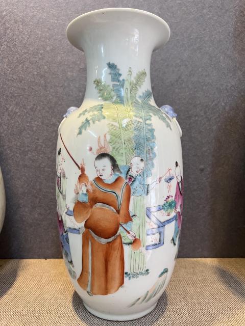 古玩陶瓷【精品·細路】粉彩五子奪魁雙獅耳瓶拍賣，當前價格3900元