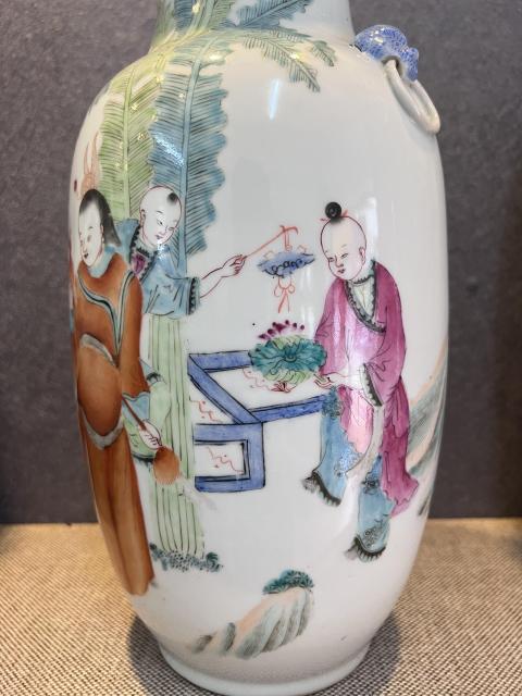 古玩陶瓷【精品·細路】粉彩五子奪魁雙獅耳瓶拍賣，當前價格3900元