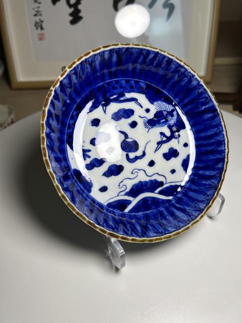 古玩陶瓷清晚期 青花云龍三現花口大盤拍賣,當前價格290元