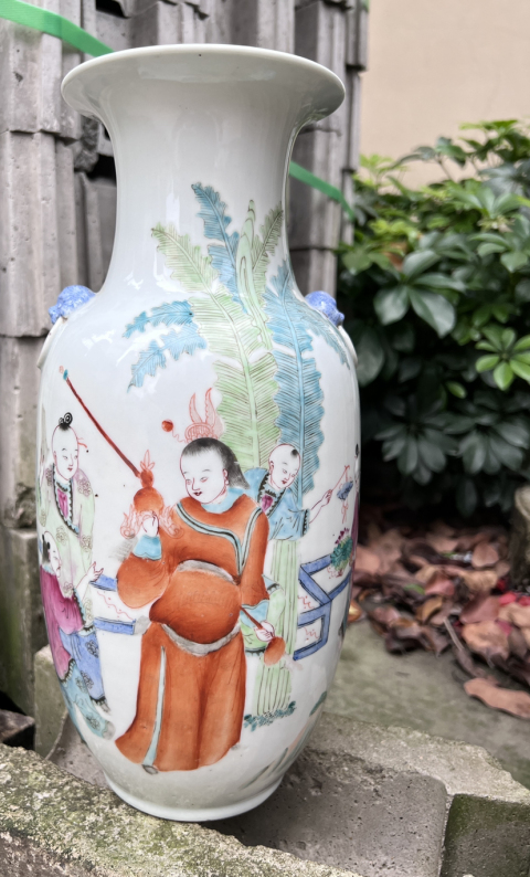 古玩陶瓷【精品·細路】粉彩五子奪魁雙獅耳瓶拍賣，當前價格3900元