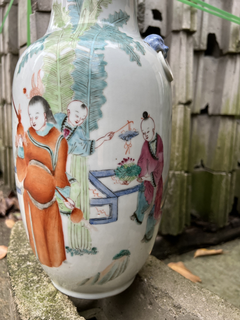 古玩陶瓷【精品·細路】粉彩五子奪魁雙獅耳瓶拍賣，當前價格3900元