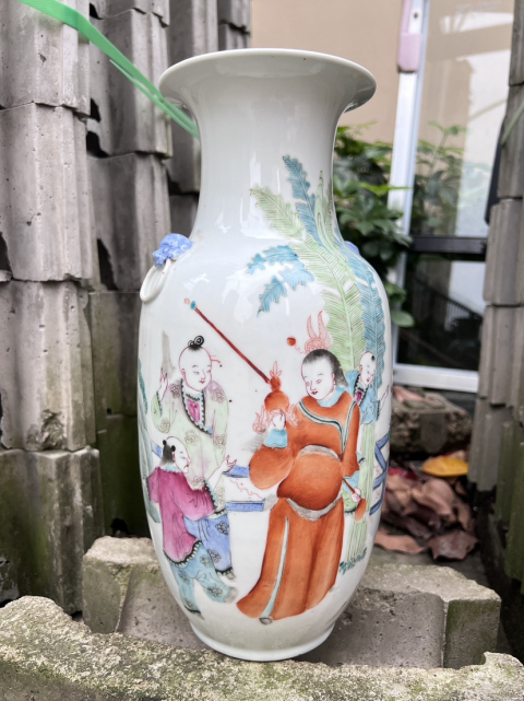 古玩陶瓷【精品·細路】粉彩五子奪魁雙獅耳瓶拍賣，當前價格3900元