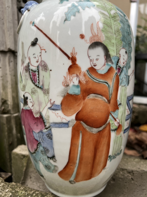 古玩陶瓷【精品·細路】粉彩五子奪魁雙獅耳瓶拍賣，當前價格3900元
