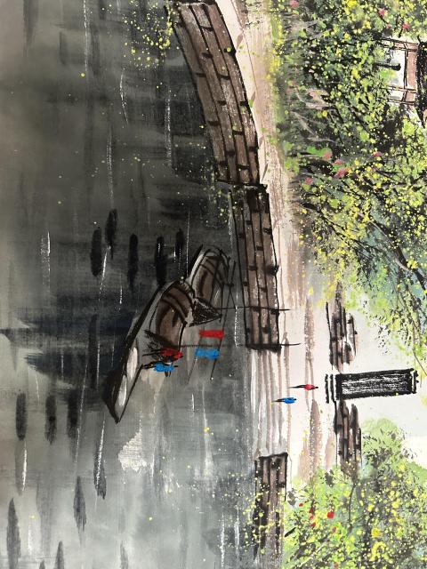 古玩字畫林軍老師彩墨《江南水鄉》山水橫幅拍賣，當前價格1200元