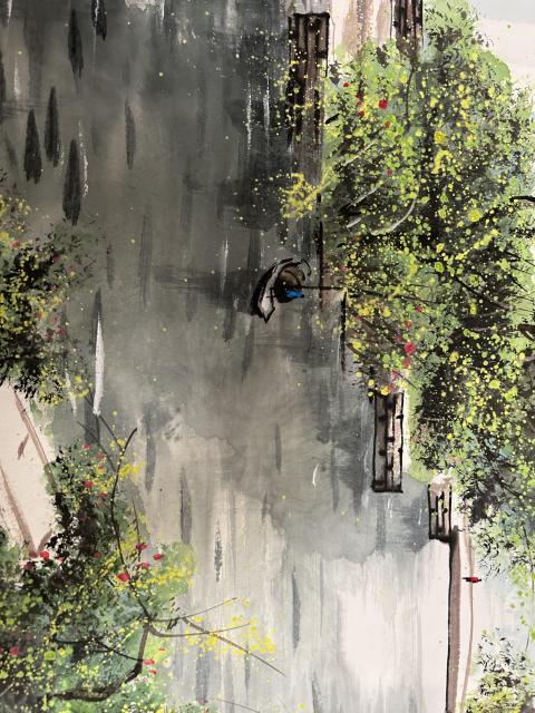 古玩字畫林軍老師彩墨《江南水鄉》山水橫幅拍賣，當前價格1200元