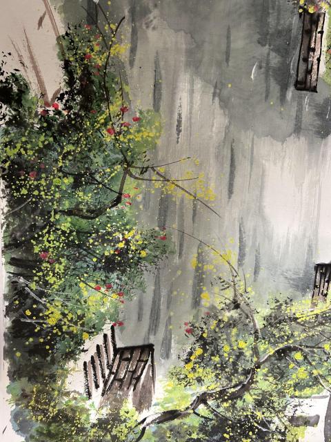 古玩字畫林軍老師彩墨《江南水鄉》山水橫幅拍賣，當前價格1200元