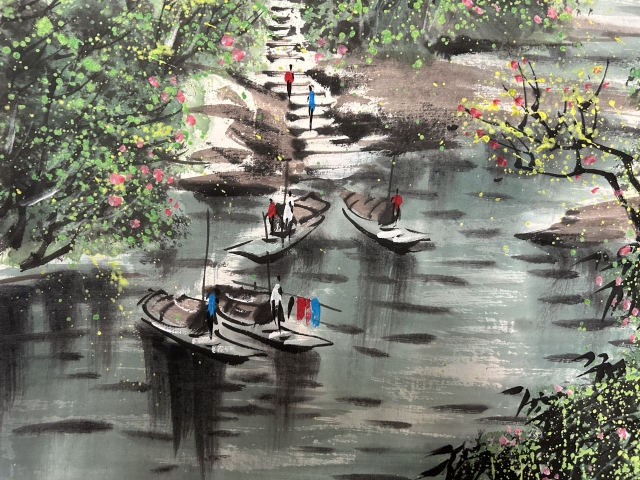 古玩字畫林軍款彩墨水鄉斗方拍賣,當前價格750元