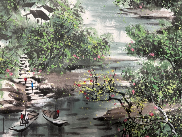 古玩字畫林軍款彩墨水鄉斗方拍賣,當前價格750元