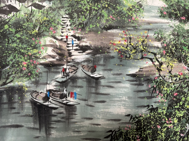 古玩字畫林軍款彩墨水鄉斗方拍賣,當前價格750元