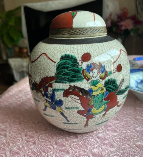 古玩陶瓷哥釉五彩刀馬人物戰(zhàn)將紋罐拍賣，當(dāng)前價(jià)格1588元
