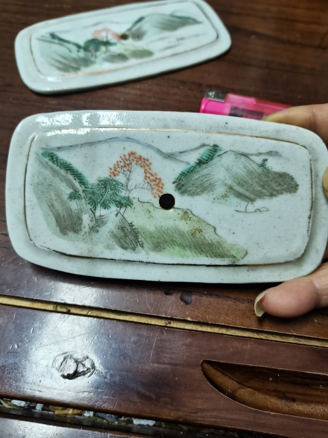 古玩陶瓷晚清民國粉彩山水紋瓷板畫拍賣，當前價格2000元