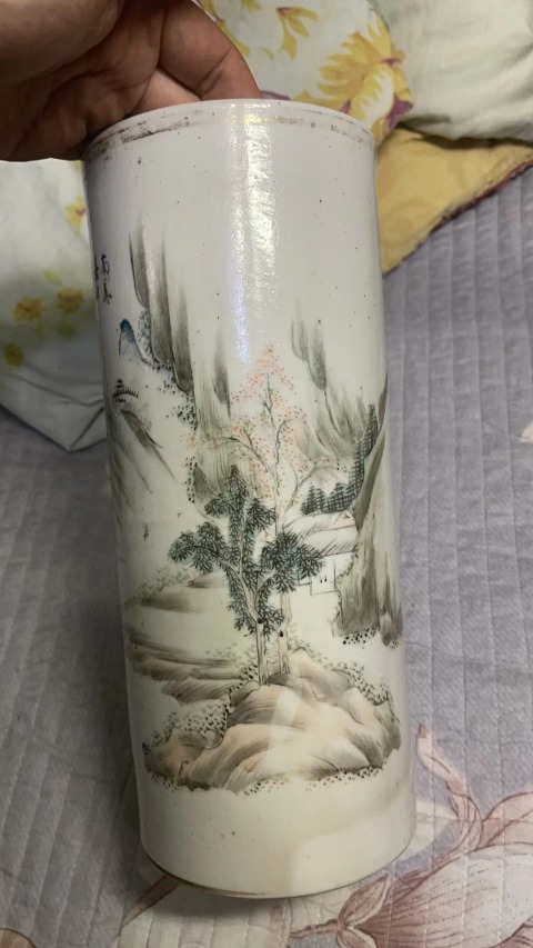 古玩陶瓷民國時期淺絳彩山水圖詩文帽筒拍賣，當前價格2800元