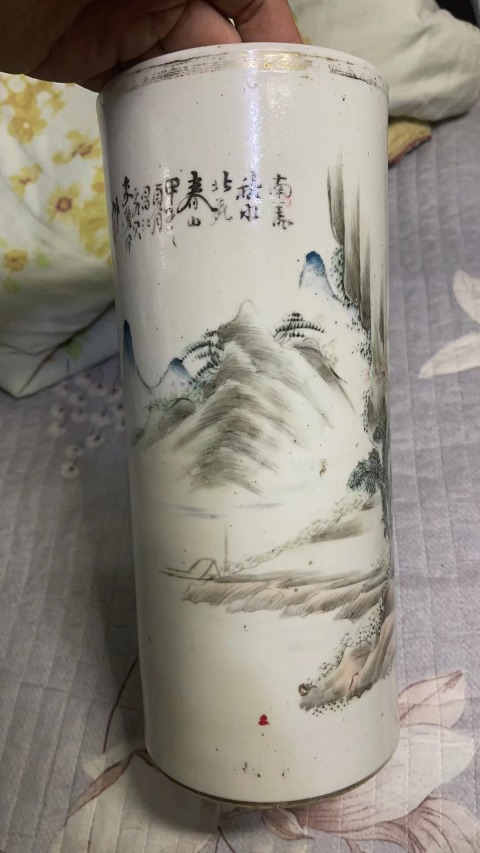 古玩陶瓷民國時期淺絳彩山水圖詩文帽筒拍賣，當前價格2800元