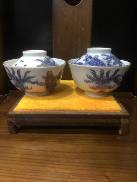 古玩陶瓷（新年放漏中）清末民初-魚藻紋-描金青花蓋碗一對拍賣，當前價格801元