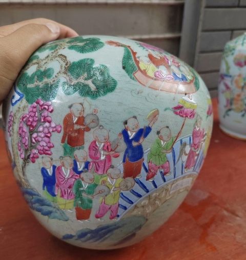 古玩陶瓷百子鬧春粉彩西瓜罐拍賣，當前價格4680元