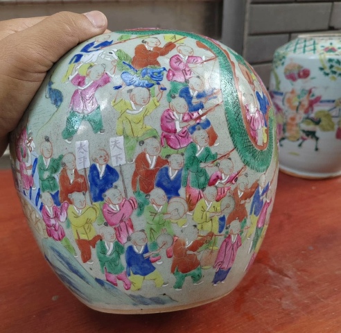 古玩陶瓷百子鬧春粉彩西瓜罐拍賣，當前價格4680元