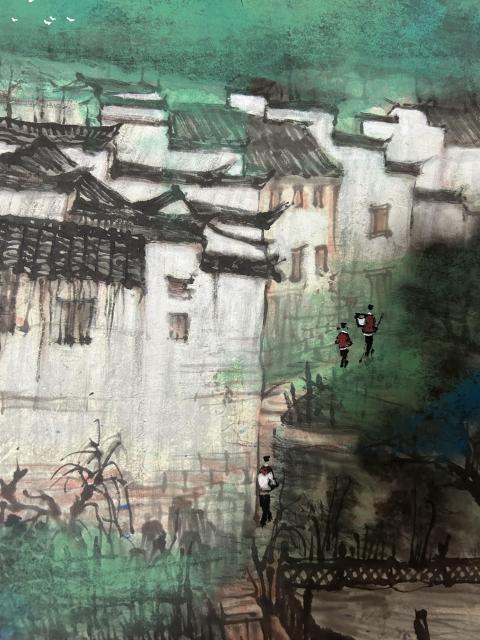古玩字畫毛遠(yuǎn)鳴老師精品斗方潑彩《江南水鄉(xiāng)》拍賣，當(dāng)前價格2458元