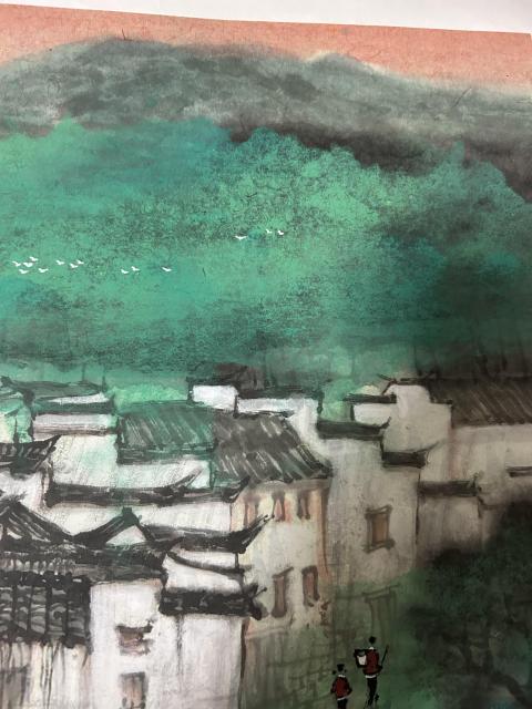 古玩字畫毛遠(yuǎn)鳴老師精品斗方潑彩《江南水鄉(xiāng)》拍賣，當(dāng)前價格2458元
