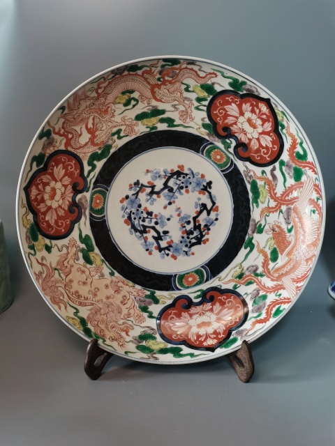 古玩陶瓷【精美非凡】清晚期青花五彩龍鳳獅三圣獸盤拍賣,當前價格5660元