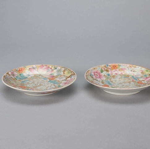 古玩陶瓷金地粉彩百花不露地盤單只拍賣，當前價格3888元