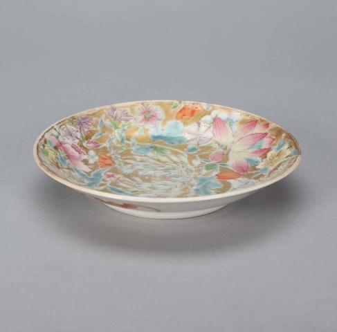 古玩陶瓷金地粉彩百花不露地盤單只拍賣，當前價格3888元