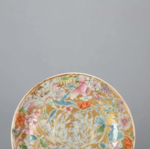 古玩陶瓷金地粉彩百花不露地盤單只拍賣，當前價格3888元