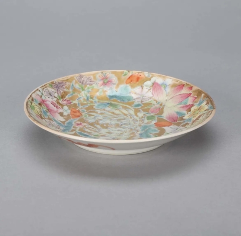 古玩陶瓷金地粉彩百花不露地盤單只拍賣，當前價格3888元