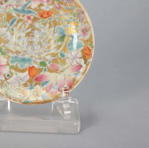 古玩陶瓷金地粉彩百花不露地盤單只拍賣，當前價格3888元