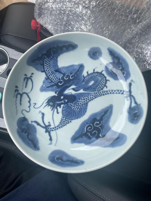 古玩陶瓷雍乾閉嘴過墻龍紋青花盤拍賣,當前價格20000元
