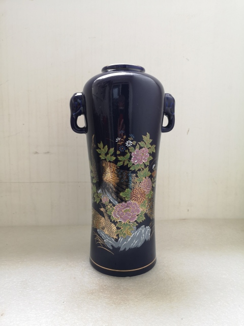 古玩陶瓷上世紀中期藍釉雙象鼻耳瓶燈座拍賣，當前價格480元
