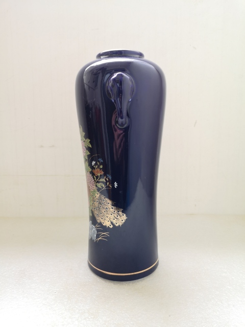 古玩陶瓷上世紀中期藍釉雙象鼻耳瓶燈座拍賣，當前價格480元
