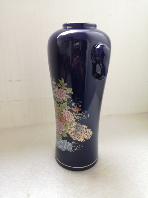 古玩陶瓷上世紀中期藍釉雙象鼻耳瓶燈座拍賣，當前價格480元