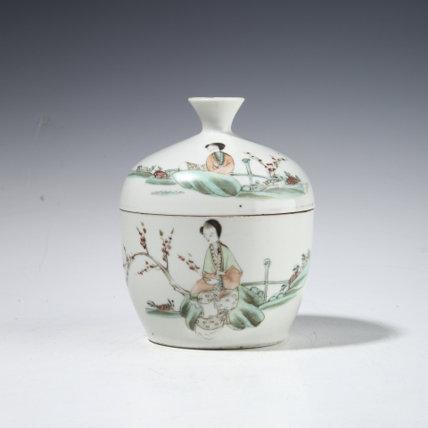 古玩陶瓷民國·淺絳彩桃花仕女紋蓋缸真品鑒賞圖