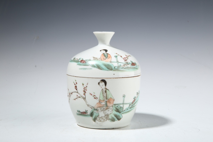 古玩陶瓷民國·淺絳彩桃花仕女紋蓋缸真品鑒賞圖