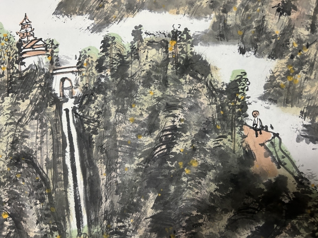 古玩字畫梁飛老師精品斗方《溪水繞山峰》拍賣，當前價格988元
