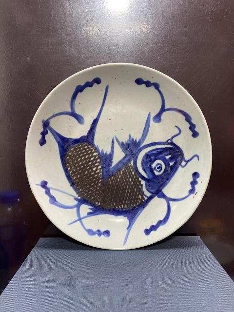 古玩陶瓷清,青花釉里紅魚紋盤拍賣,當前價格1080元