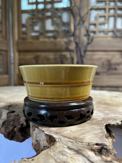 古玩陶瓷【精品單色釉】黃釉弦紋桶式洗拍賣，當(dāng)前價(jià)格4500元
