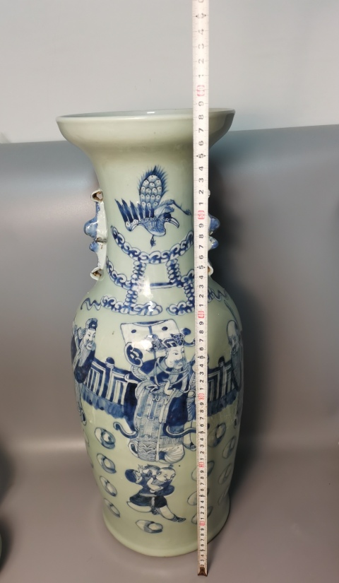 古玩陶瓷【300大件】清晚期青花人物故事圖獅耳大瓶拍賣，當前價格23900元