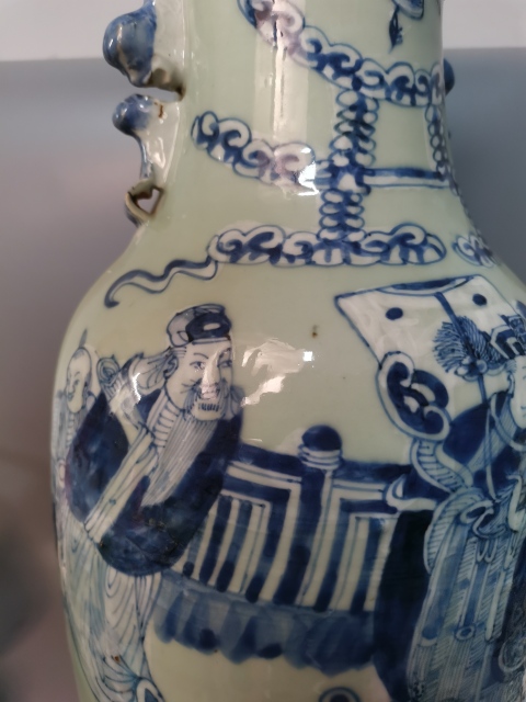 古玩陶瓷【300大件】清晚期青花人物故事圖獅耳大瓶拍賣，當前價格23900元