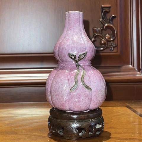 古玩陶瓷胭脂紅釉包袱葫蘆瓶拍賣，當前價格16800元